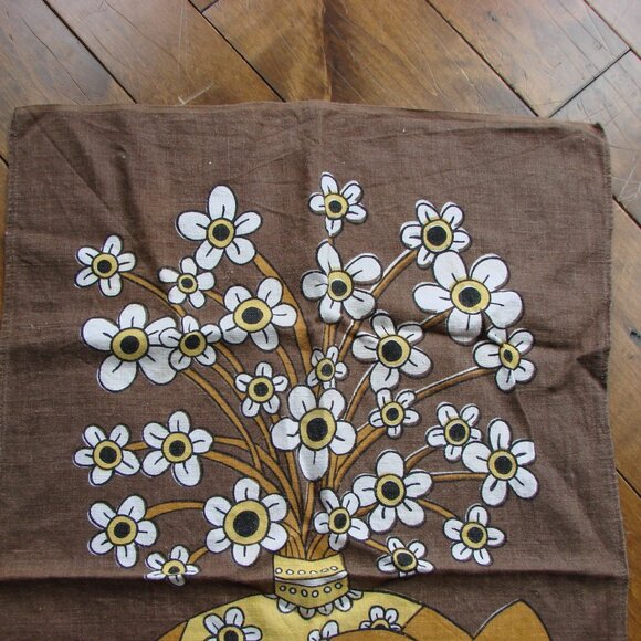 Vintage 70s Linen Kitchen Tea Towel Elephant Flowers Hand Printed - Picture 2 of 9